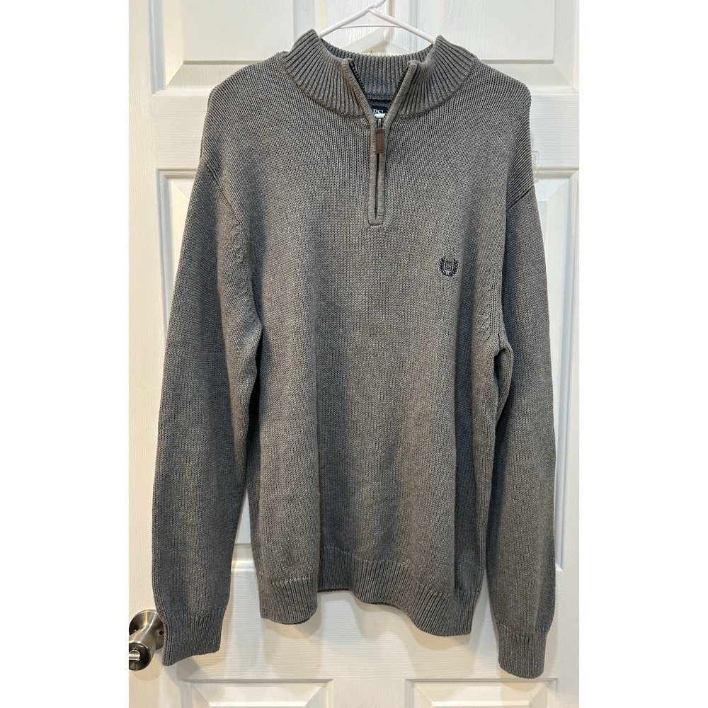 Chaps Gray 100% Cotton Knit 1/4 Zip Mock Neck Sweater Sz L Casual Preppy Resort